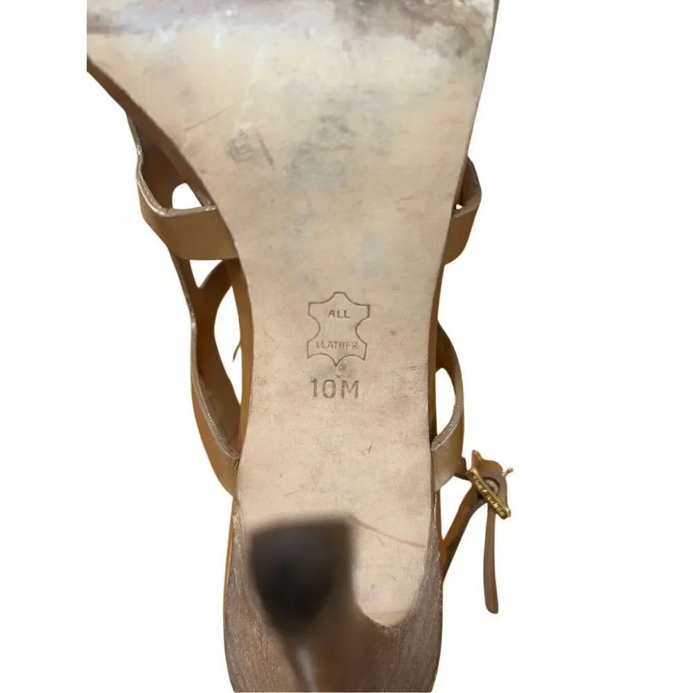 Tory Burch Francesca Camel Leather & Gold Strappy Ankle Stiletto High Heels 10